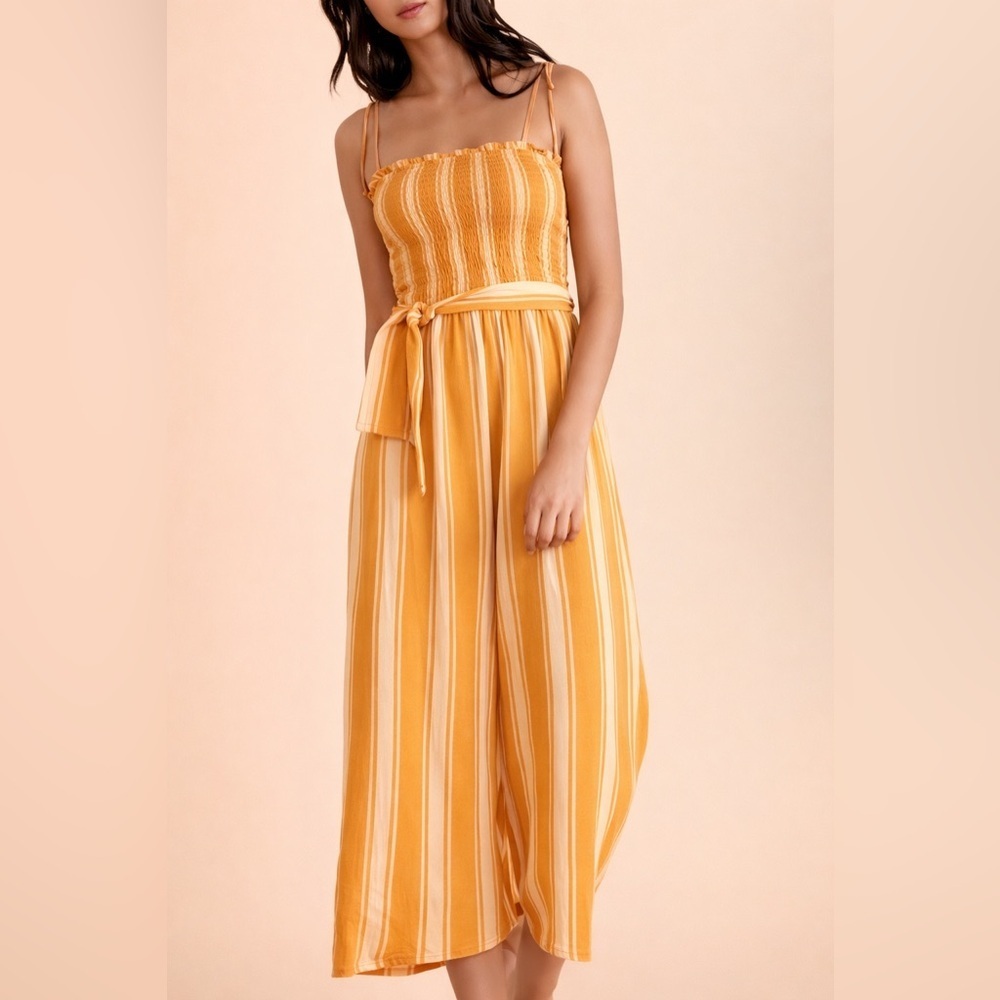 Rip Curl Mustard Striped Smocked Jumpsuit Tie Waist Wide Leg L